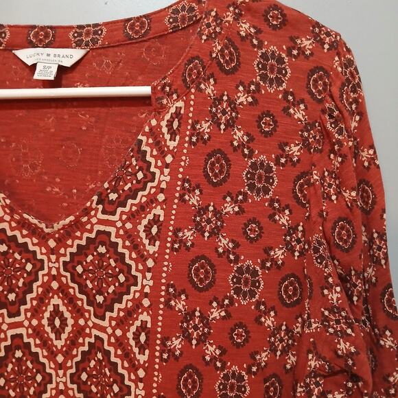 Lucky Brand Top Womens Sz S Small Rust Orange Fall Paisley Western Print Stripe - Picture 3 of 6